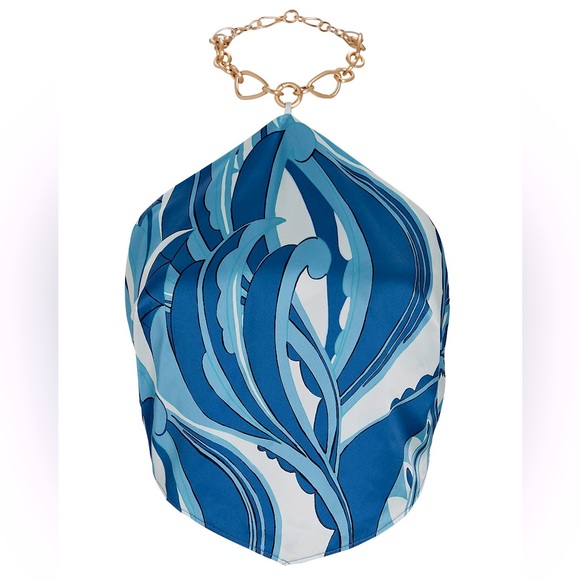 NWT Cult Gaia Olivine Backless Gold Chain Detail Halter Crop Top Paisley Blue S - Picture 10 of 10